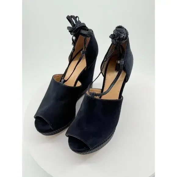 Michael Kors Wedges Womens 11M Navy Suede Ankel Wrap Lace Up Open Toe Braided - Picture 15 of 16